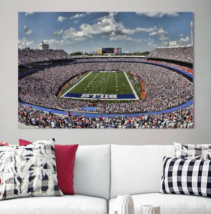 The wall features the Buffalo Bills Highmark Stadium Wall Art Canvas Print. This triple canvas captures the thrilling game day atmosphere of a packed football stadium during a Buffalo Bills NFL match.