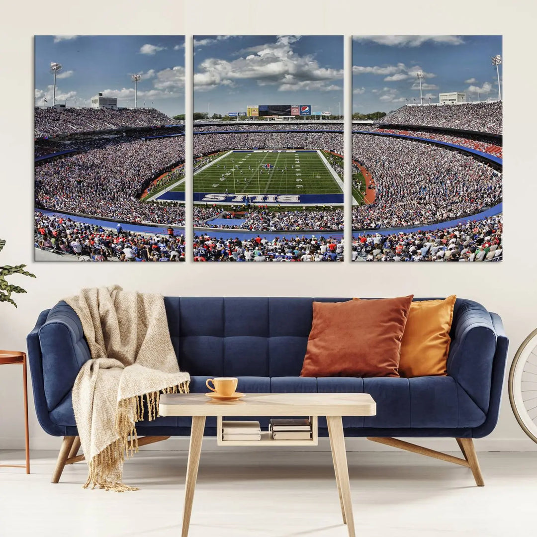 The wall features the Buffalo Bills Highmark Stadium Wall Art Canvas Print. This triple canvas captures the thrilling game day atmosphere of a packed football stadium during a Buffalo Bills NFL match.