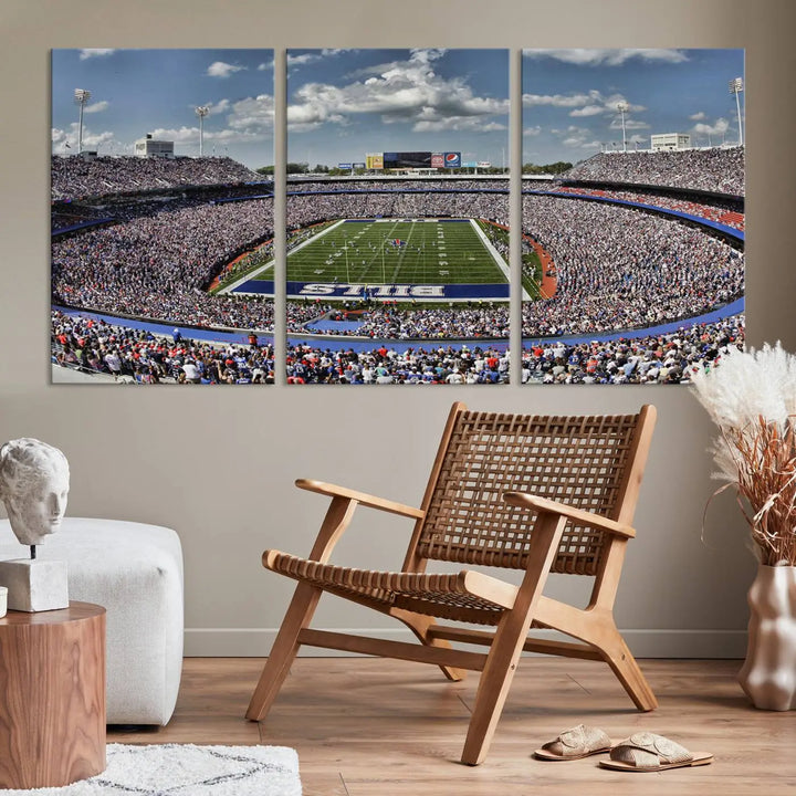 The wall features the Buffalo Bills Highmark Stadium Wall Art Canvas Print. This triple canvas captures the thrilling game day atmosphere of a packed football stadium during a Buffalo Bills NFL match.