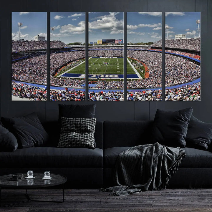 The wall features the Buffalo Bills Highmark Stadium Wall Art Canvas Print. This triple canvas captures the thrilling game day atmosphere of a packed football stadium during a Buffalo Bills NFL match.