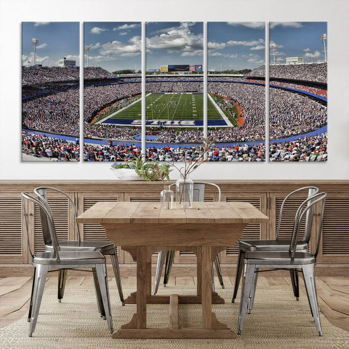 The wall features the Buffalo Bills Highmark Stadium Wall Art Canvas Print. This triple canvas captures the thrilling game day atmosphere of a packed football stadium during a Buffalo Bills NFL match.