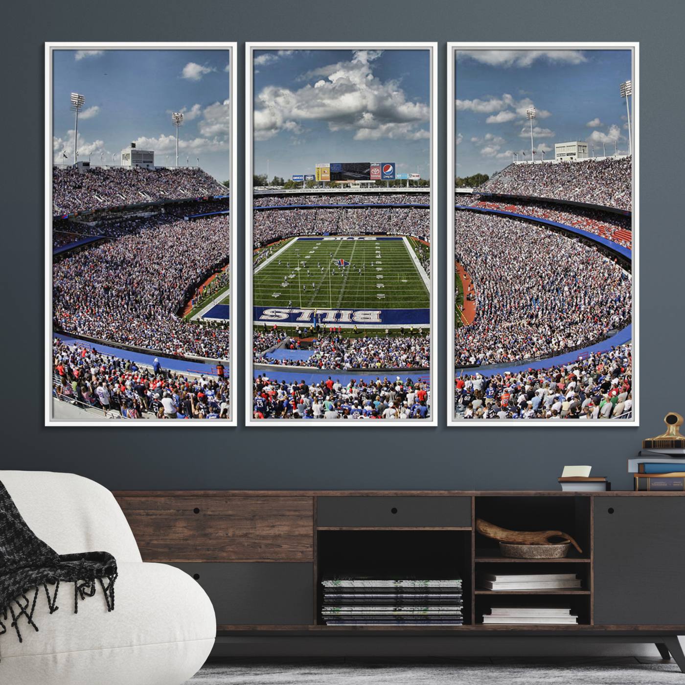 76491-MGV-FC-48X32-3P_White-Buffalo Bills Highmark Stadium Wall Art Canvas Print - Bills Stadium Game Day Triple Canvas Wall Art - Buffalo Bills NFL Match