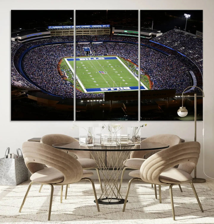 Above the couch hangs a museum-quality triptych featuring the Buffalo Bills NFL Football Team: a stunning canvas print of Highmark Stadium packed with enthusiastic spectators at night. The high-resolution printing technique captures every detail to perfection, making it ready to hang and instantly elevate any space.