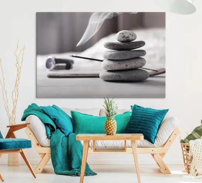 The "Burning Incense and Zen Stones Buddhism Wall Art Canvas Print" adds an artistic touch to the contemporary living room with its museum-quality depiction of stacked stones and incense smoke.