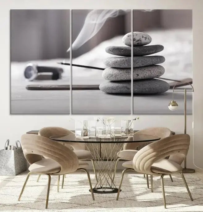 The "Burning Incense and Zen Stones Buddhism Wall Art Canvas Print" adds an artistic touch to the contemporary living room with its museum-quality depiction of stacked stones and incense smoke.