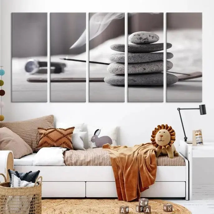 The "Burning Incense and Zen Stones Buddhism Wall Art Canvas Print" adds an artistic touch to the contemporary living room with its museum-quality depiction of stacked stones and incense smoke.