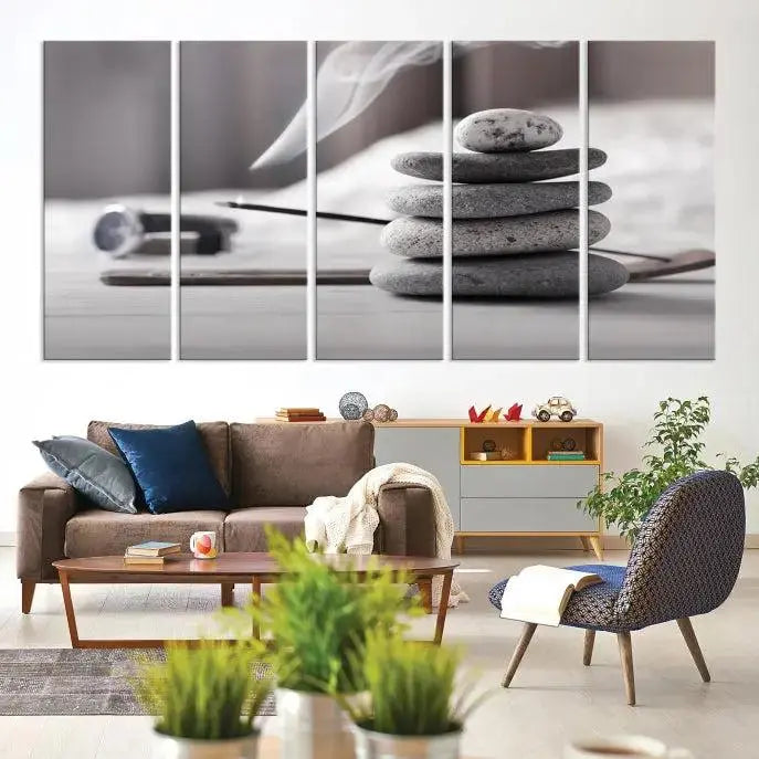 The "Burning Incense and Zen Stones Buddhism Wall Art Canvas Print" adds an artistic touch to the contemporary living room with its museum-quality depiction of stacked stones and incense smoke.