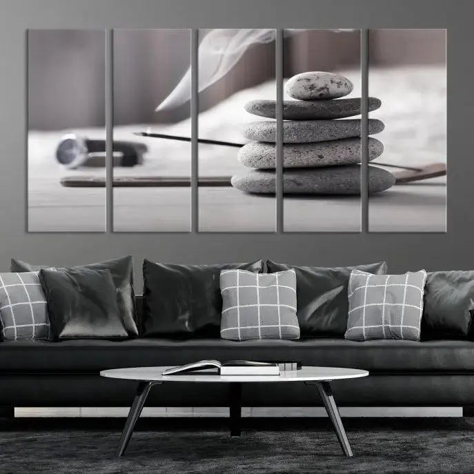 The "Burning Incense and Zen Stones Buddhism Wall Art Canvas Print" adds an artistic touch to the contemporary living room with its museum-quality depiction of stacked stones and incense smoke.