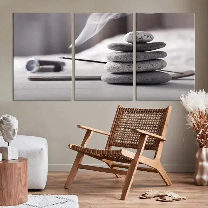 The "Burning Incense and Zen Stones Buddhism Wall Art Canvas Print" adds an artistic touch to the contemporary living room with its museum-quality depiction of stacked stones and incense smoke.