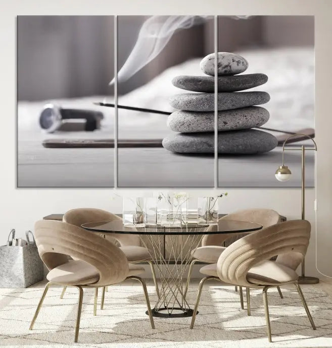 The "Burning Incense and Zen Stones Buddhism Wall Art Canvas Print" adds an artistic touch to the contemporary living room with its museum-quality depiction of stacked stones and incense smoke.