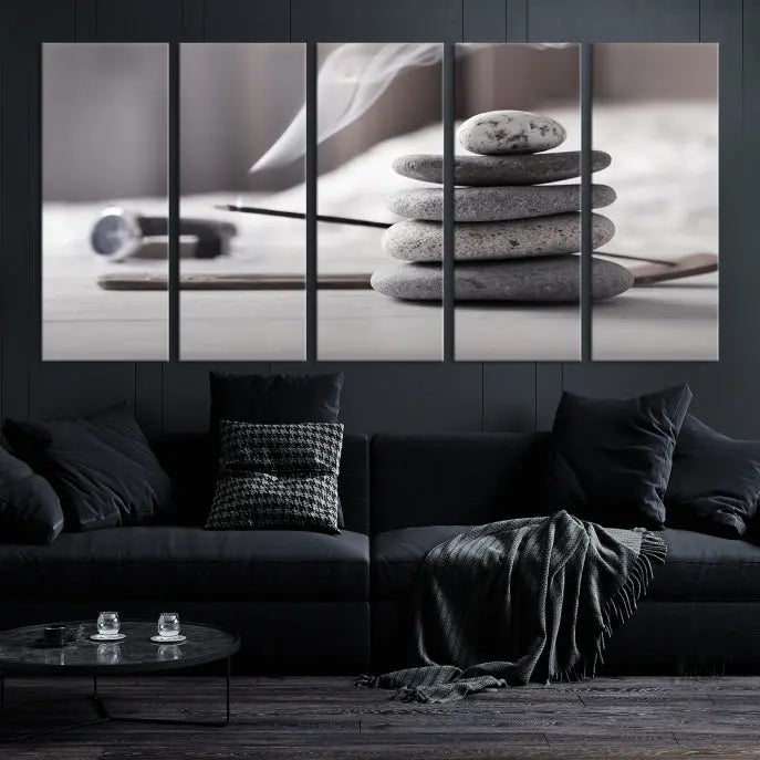 The "Burning Incense and Zen Stones Buddhism Wall Art Canvas Print" adds an artistic touch to the contemporary living room with its museum-quality depiction of stacked stones and incense smoke.