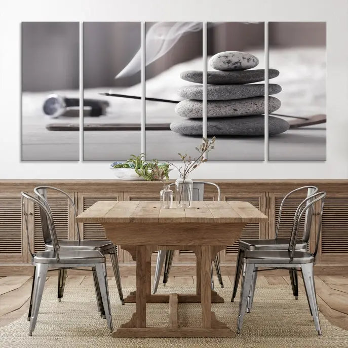 The "Burning Incense and Zen Stones Buddhism Wall Art Canvas Print" adds an artistic touch to the contemporary living room with its museum-quality depiction of stacked stones and incense smoke.