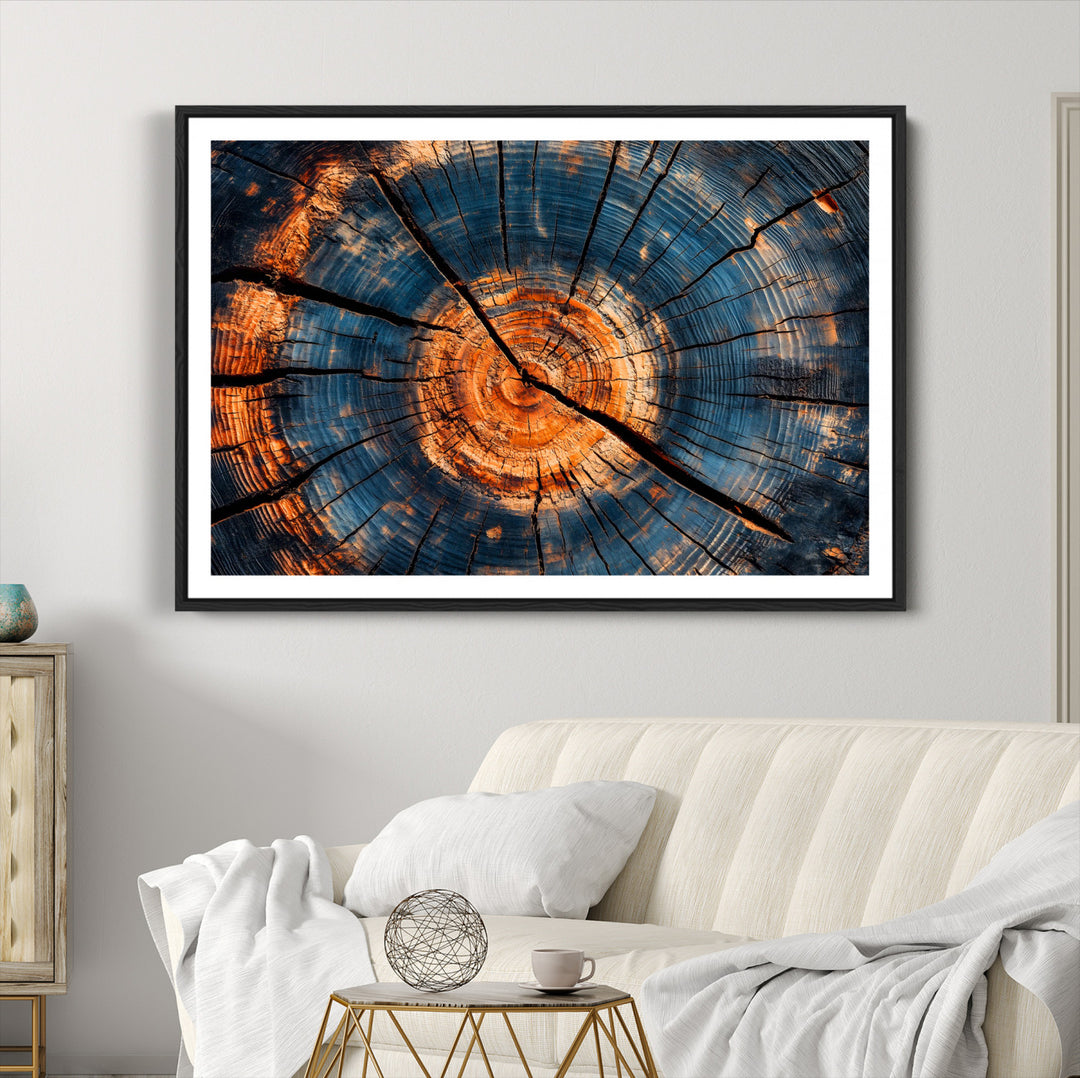 Burnt Wood Wall Art Canvas Print, Aged Timber Print, Framed Rustic Tree Slice Art Print, Large Organic Texture Printing Perfect for Rustic