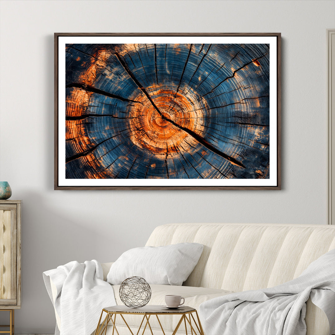 Burnt Wood Wall Art Canvas Print, Aged Timber Print, Framed Rustic Tree Slice Art Print, Large Organic Texture Printing Perfect for Rustic