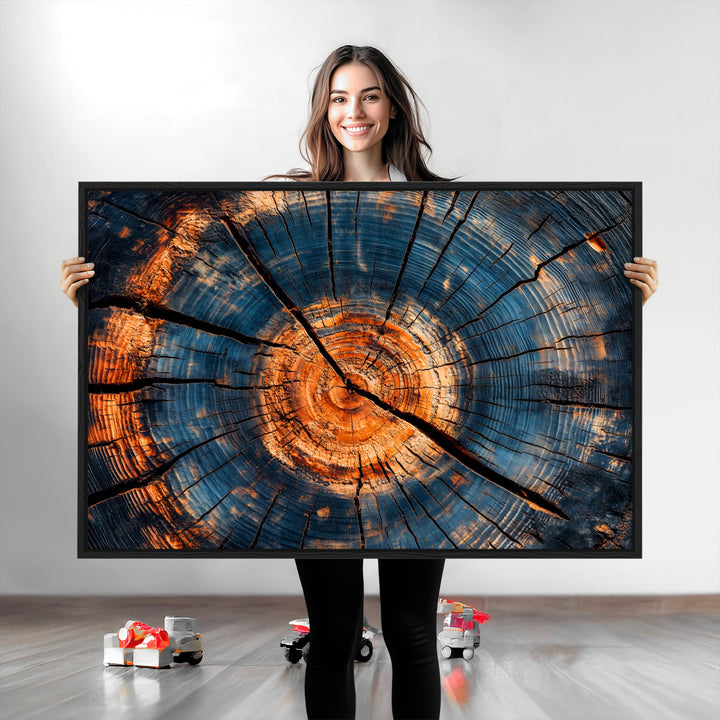 Burnt Wood Wall Art Canvas Print, Aged Timber Print, Framed Rustic Tree Slice Art Print, Large Organic Texture Printing Perfect for Rustic