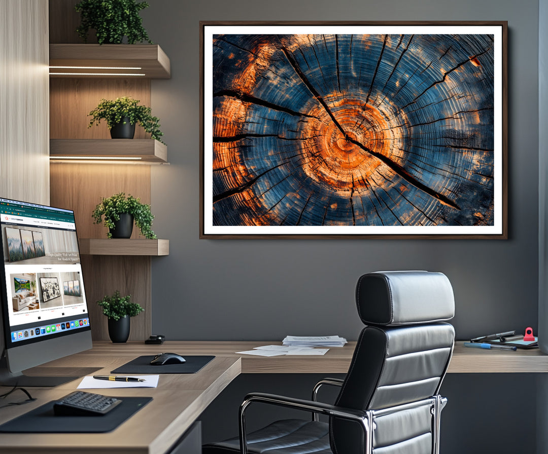 81894502-MGV-CV-36X24-Burnt Wood Wall Art Canvas Print, Aged Timber Print, Framed Rustic Tree Slice Art Print, Large Organic Texture Printing Perfect for Rustic