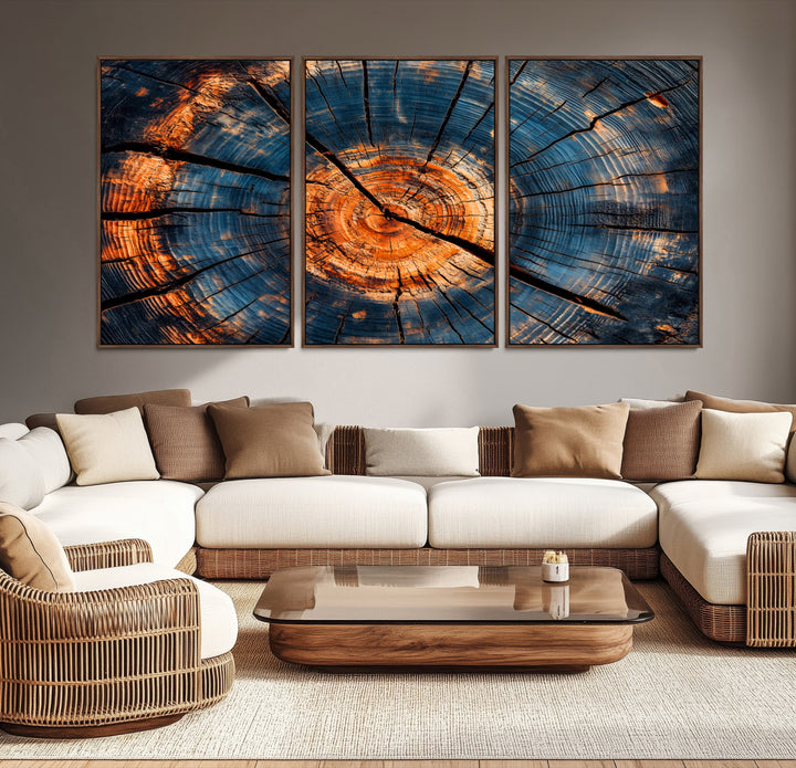 81894502-MGV-CV-36X24-Burnt Wood Wall Art Canvas Print, Aged Timber Print, Framed Rustic Tree Slice Art Print, Large Organic Texture Printing Perfect for Rustic