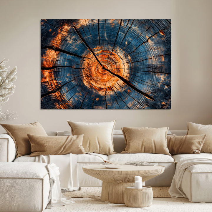 Burnt Wood Wall Art Canvas Print, Aged Timber Print, Framed Rustic Tree Slice Art Print, Large Organic Texture Printing Perfect for Rustic