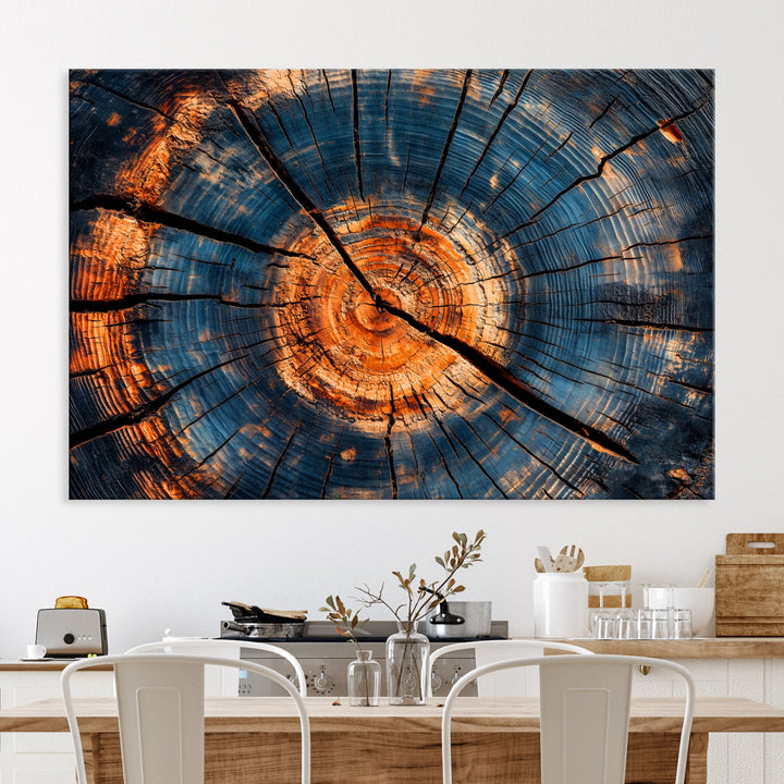 Burnt Wood Wall Art Canvas Print, Aged Timber Print, Framed Rustic Tree Slice Art Print, Large Organic Texture Printing Perfect for Rustic
