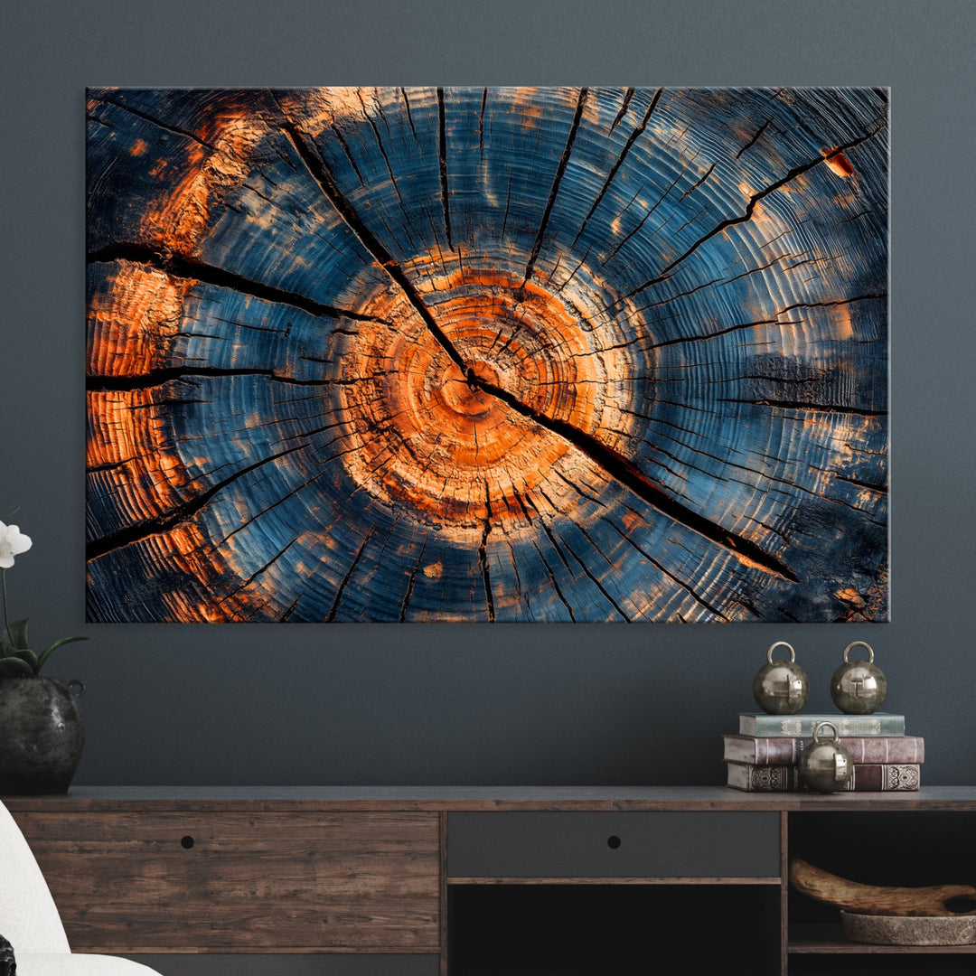 Burnt Wood Wall Art Canvas Print, Aged Timber Print, Framed Rustic Tree Slice Art Print, Large Organic Texture Printing Perfect for Rustic