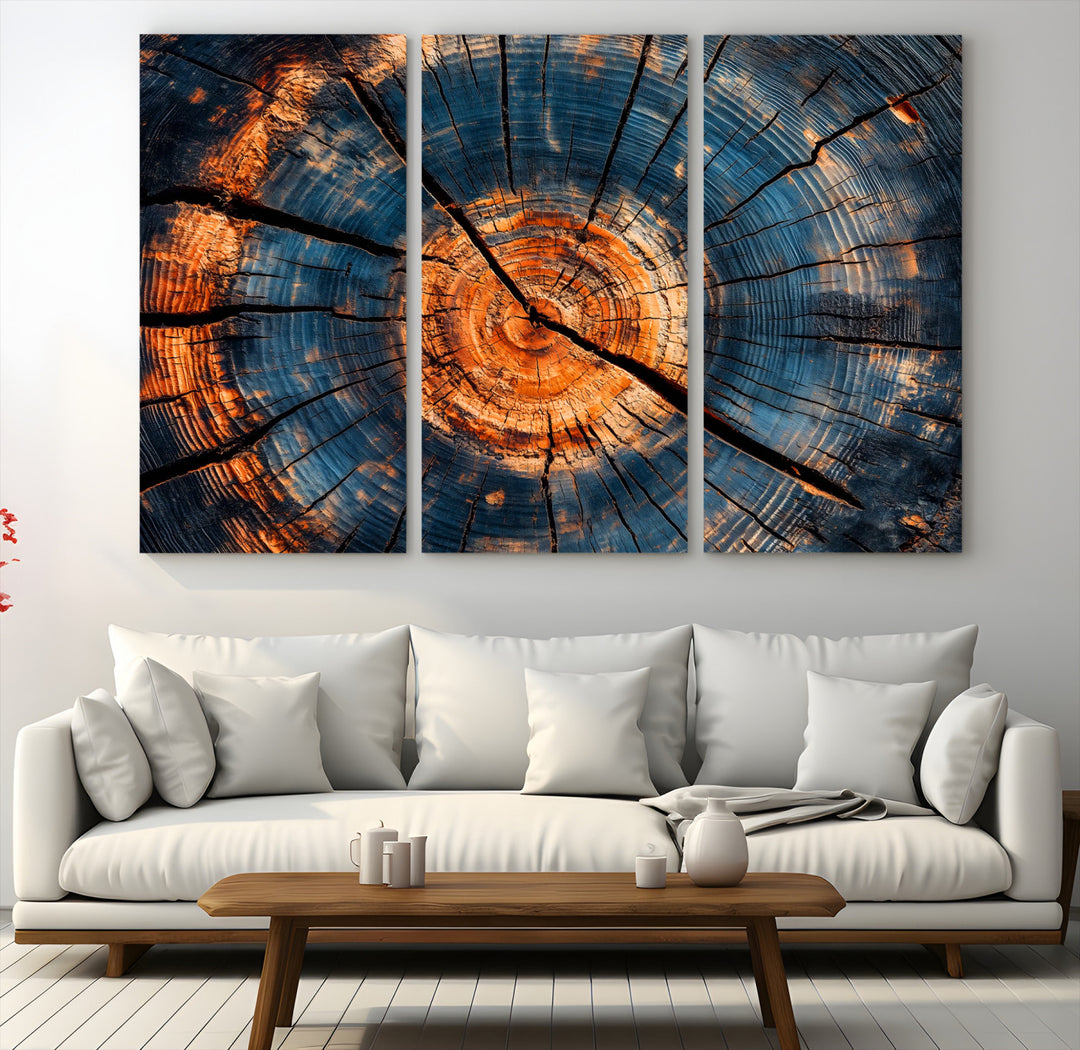 81894502-MGV-CV-48X32-3P-Burnt Wood Wall Art Canvas Print, Aged Timber Print, Framed Rustic Tree Slice Art Print, Large Organic Texture Printing Perfect for Rustic