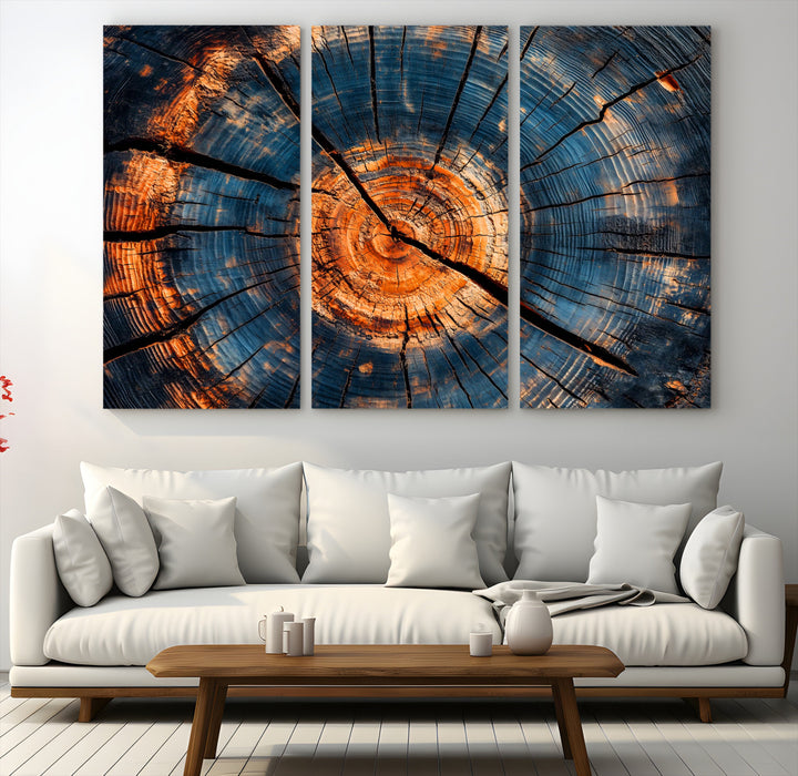 81894502-MGV-CV-48X32-3P-Burnt Wood Wall Art Canvas Print, Aged Timber Print, Framed Rustic Tree Slice Art Print, Large Organic Texture Printing Perfect for Rustic