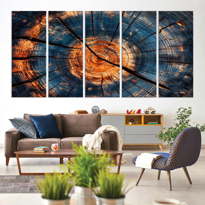 81894502-MGV-CV-60X31-5P-Burnt Wood Wall Art Canvas Print, Aged Timber Print, Framed Rustic Tree Slice Art Print, Large Organic Texture Printing Perfect for Rustic