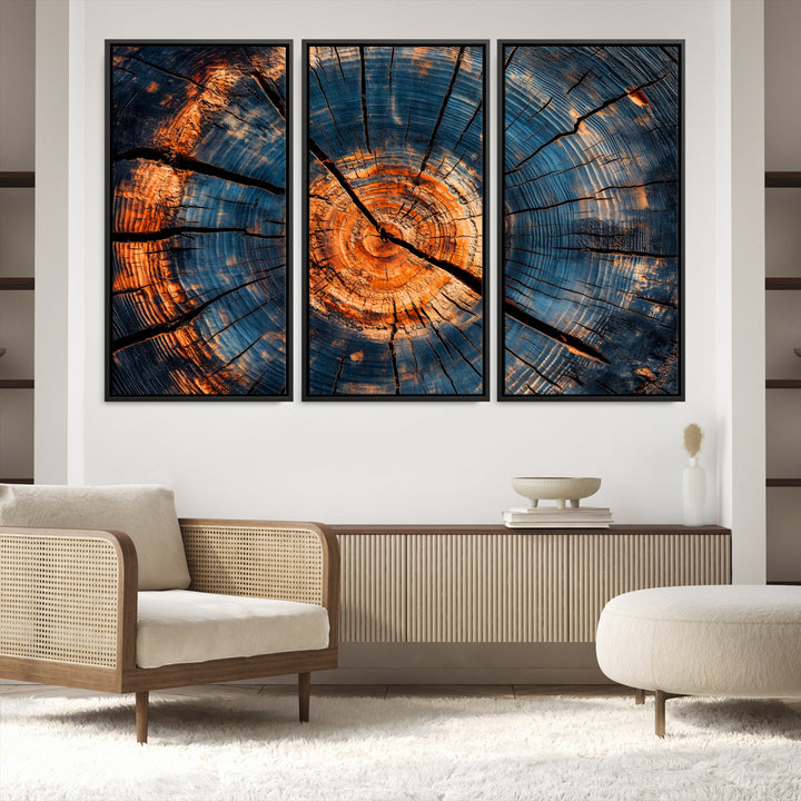 81894502-MGV-FC-48X32-3P_Black-Burnt Wood Wall Art Canvas Print, Aged Timber Print, Framed Rustic Tree Slice Art Print, Large Organic Texture Printing Perfect for Rustic