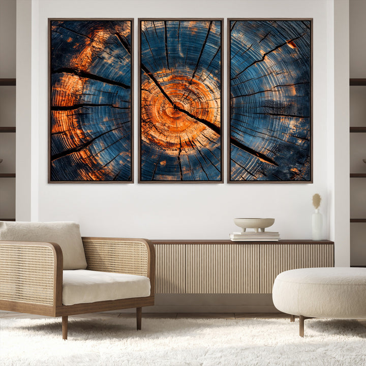 81894502-MGV-FC-48X32-3P_Walnut-Burnt Wood Wall Art Canvas Print, Aged Timber Print, Framed Rustic Tree Slice Art Print, Large Organic Texture Printing Perfect for Rustic