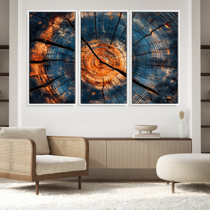 81894502-MGV-FC-48X32-3P_White-Burnt Wood Wall Art Canvas Print, Aged Timber Print, Framed Rustic Tree Slice Art Print, Large Organic Texture Printing Perfect for Rustic