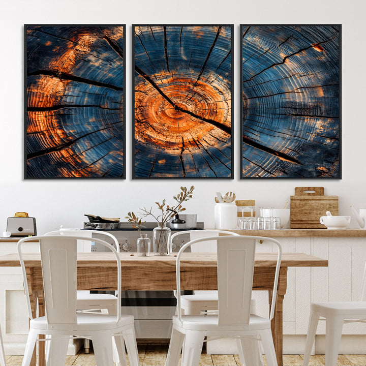 81894502-MGV-FC-60X30-3P_Black-Burnt Wood Wall Art Canvas Print, Aged Timber Print, Framed Rustic Tree Slice Art Print, Large Organic Texture Printing Perfect for Rustic