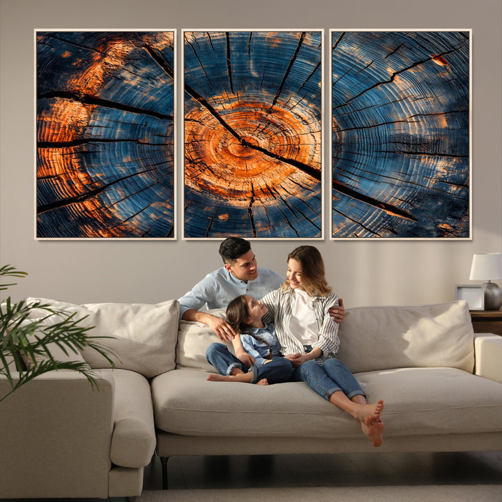 81894502-MGV-FC-60X30-3P_Natural-Burnt Wood Wall Art Canvas Print, Aged Timber Print, Framed Rustic Tree Slice Art Print, Large Organic Texture Printing Perfect for Rustic