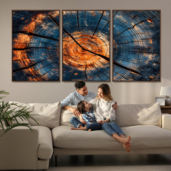 81894502-MGV-FC-60X30-3P_Walnut-Burnt Wood Wall Art Canvas Print, Aged Timber Print, Framed Rustic Tree Slice Art Print, Large Organic Texture Printing Perfect for Rustic