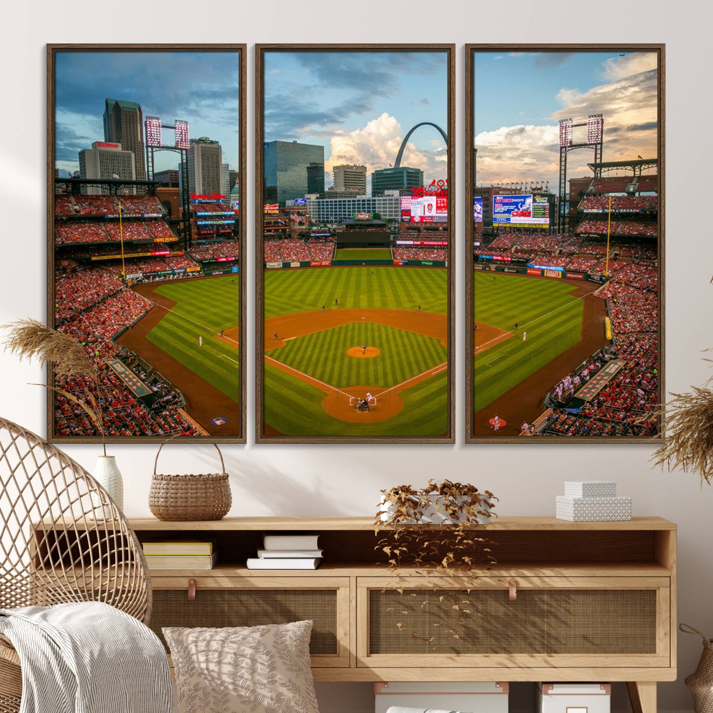 91908-MGV-FC-48X32-3P_Walnut-Busch Stadium Wall Art Print | St. Louis Cardinals Baseball Stadium Canvas Print | Framed Sports Decor for Living Room, Man Cave Decor