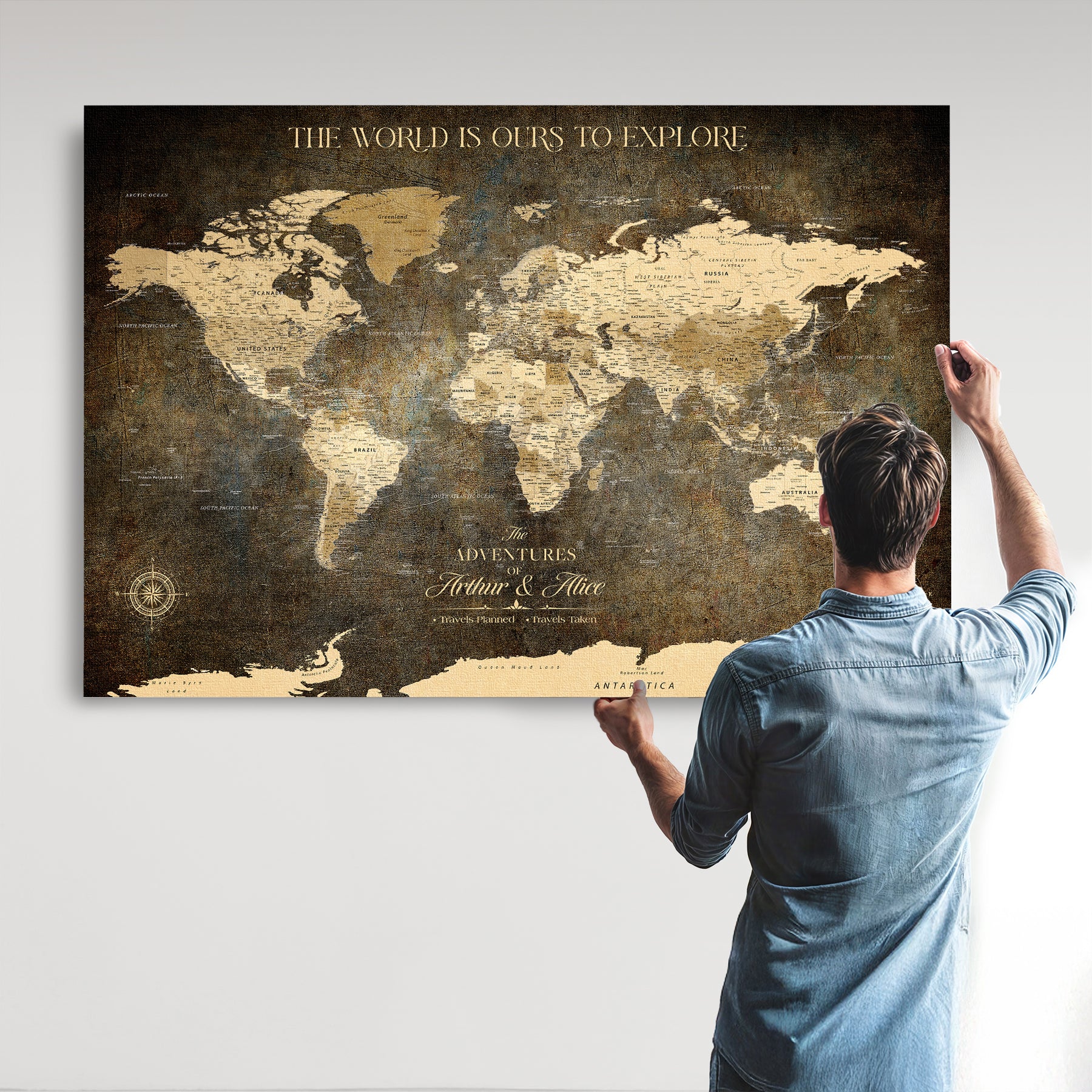 77826024S-MGV-CV-36X24-Personalized World Map Wall Art Print – Custom Push Pin Canvas Design, Framed Gift for Travel Memories, Couples or Special Occasions