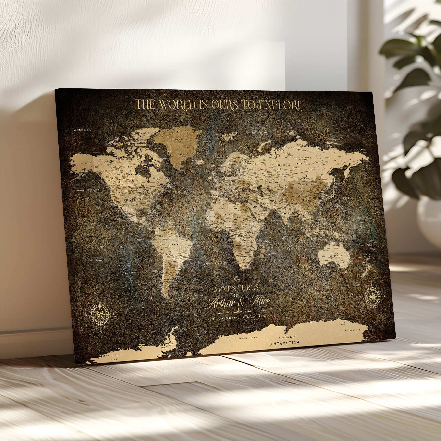 77826024S-MGV-CV-36X24-Personalized World Map Wall Art Print – Custom Push Pin Canvas Design, Framed Gift for Travel Memories, Couples or Special Occasions