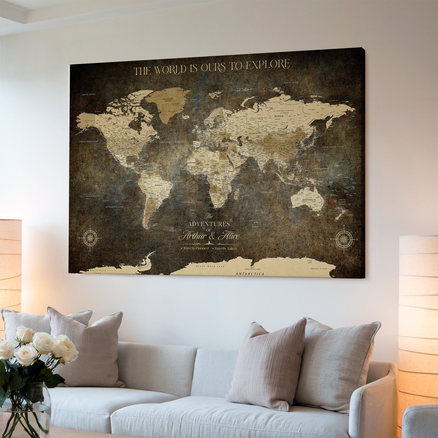 77826024S-MGV-CV-36X24-Personalized World Map Wall Art Print – Custom Push Pin Canvas Design, Framed Gift for Travel Memories, Couples or Special Occasions