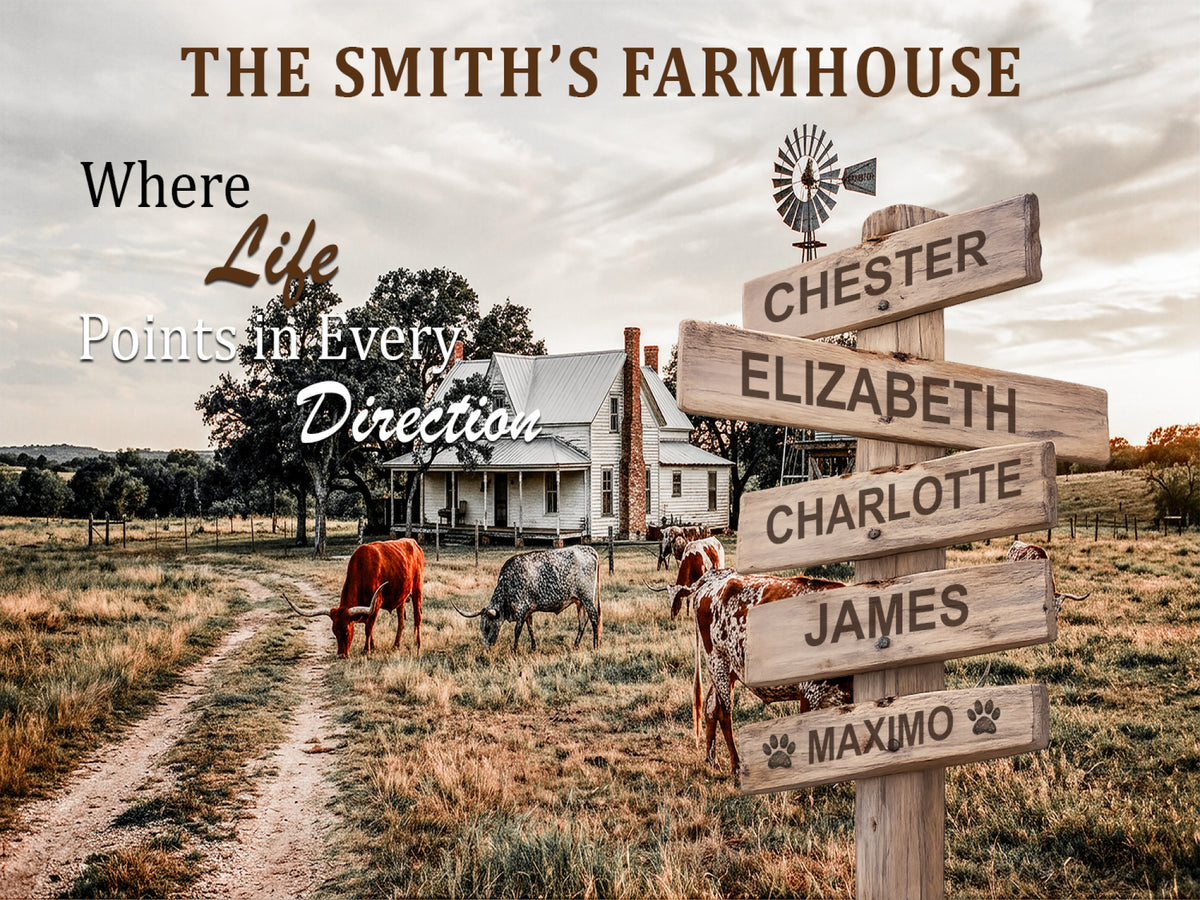 Personalized Farmhouse Family Signpost Canvas hanging on a living room wall