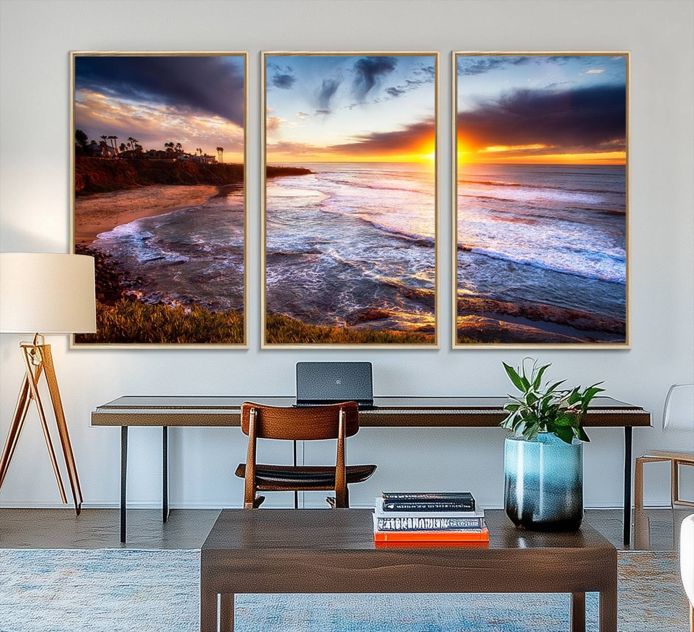 13862-MGV-FC-48X32-3P_Natural-California Coastline Sunset Canvas Art for Beach House Decor