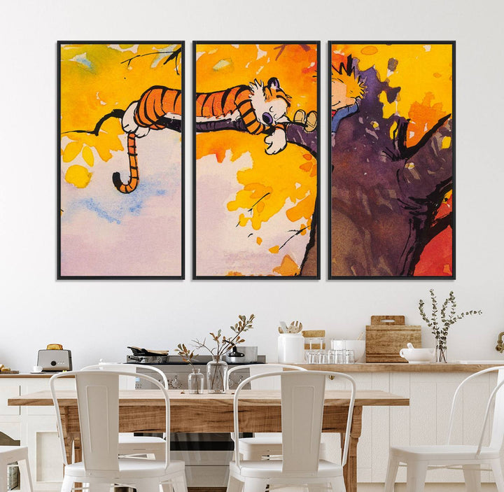 55145-MGV-CV-36X24-Calvin and Hobbes Tree Scene Canvas Print | 3 Panel Large Wall Art for Living Room or Kid’s Room, Playful Comic Art Decor