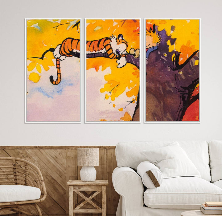 55145-MGV-CV-36X24-Calvin and Hobbes Tree Scene Canvas Print | 3 Panel Large Wall Art for Living Room or Kid’s Room, Playful Comic Art Decor