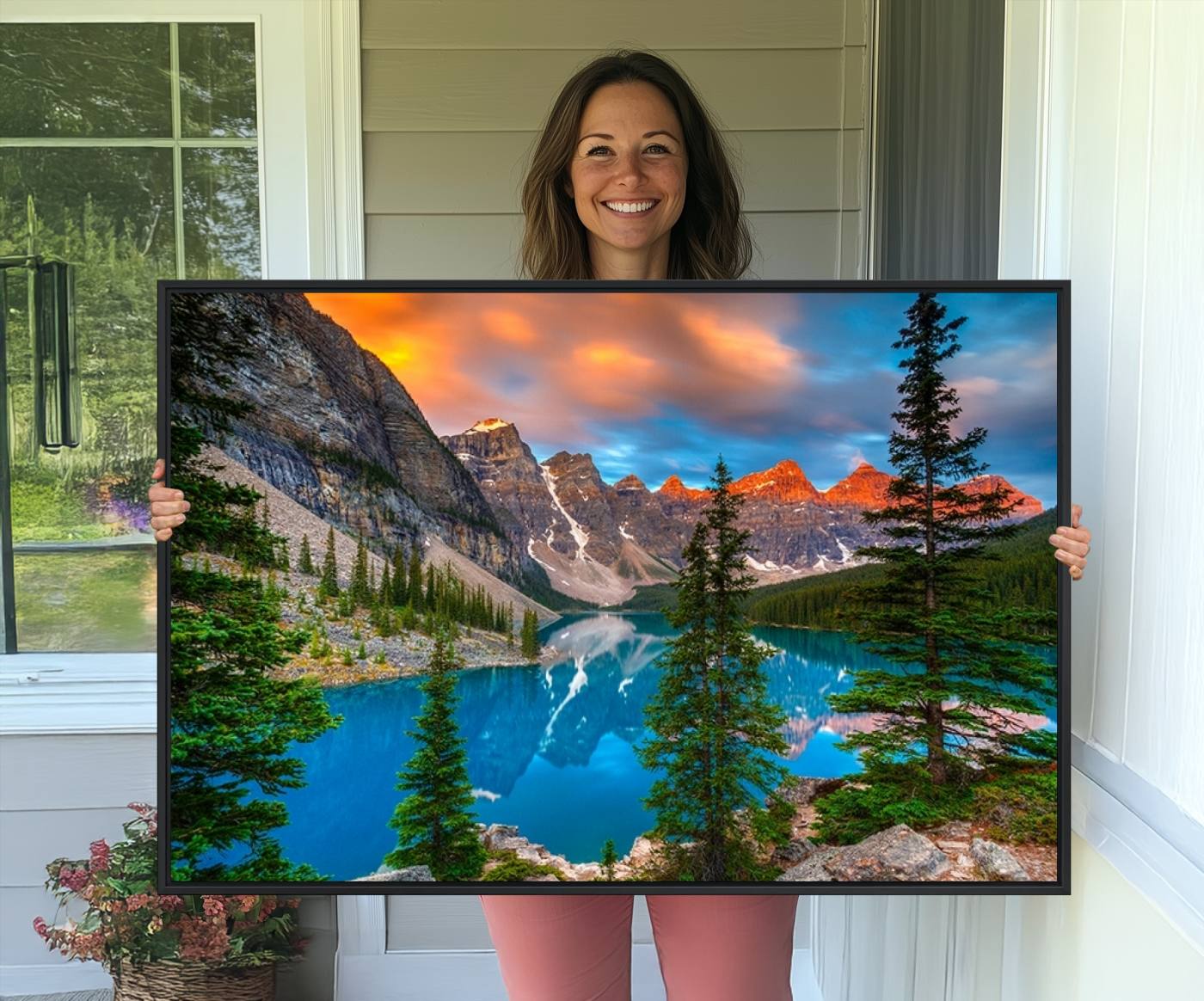 29782-MGV-CV-36X24-Canadian Rockies Moraine Lake Wall Art Canvas Print, Pine Trees Mountain Spring Canvas Print