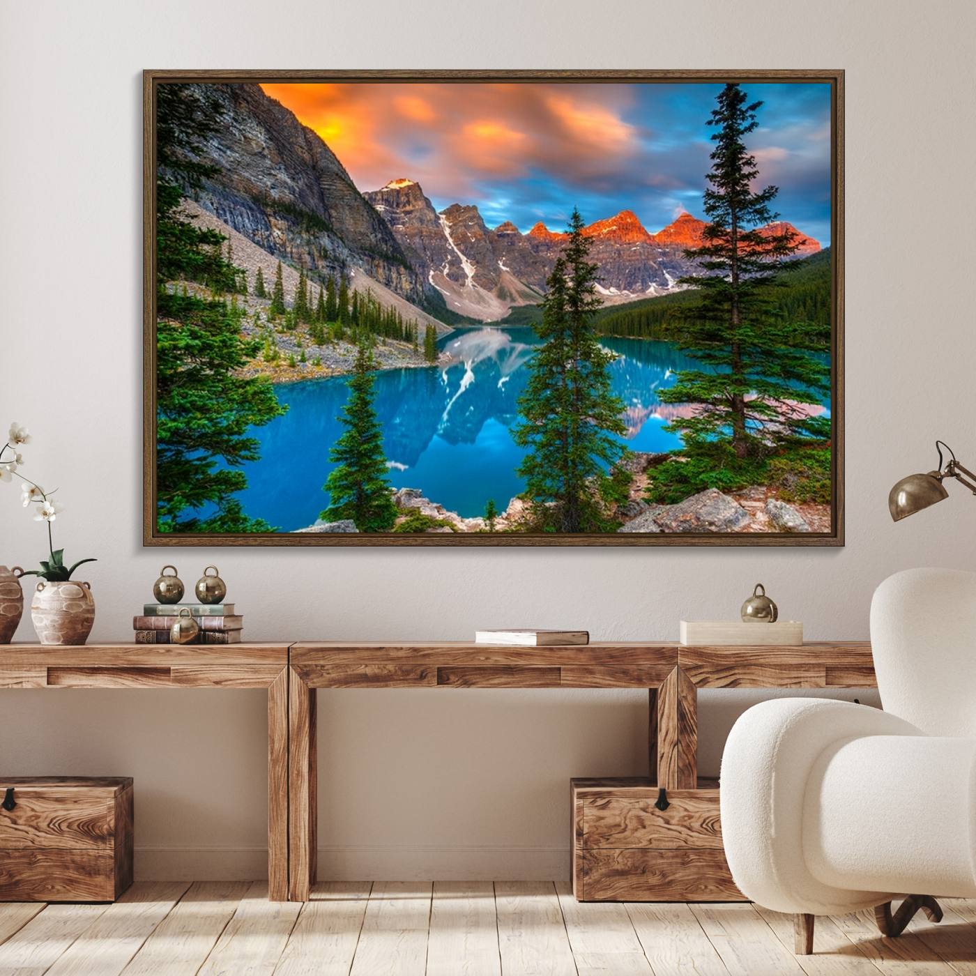 29782-MGV-FC-36X24_Walnut-Canadian Rockies Moraine Lake Wall Art Canvas Print, Pine Trees Mountain Spring Canvas Print