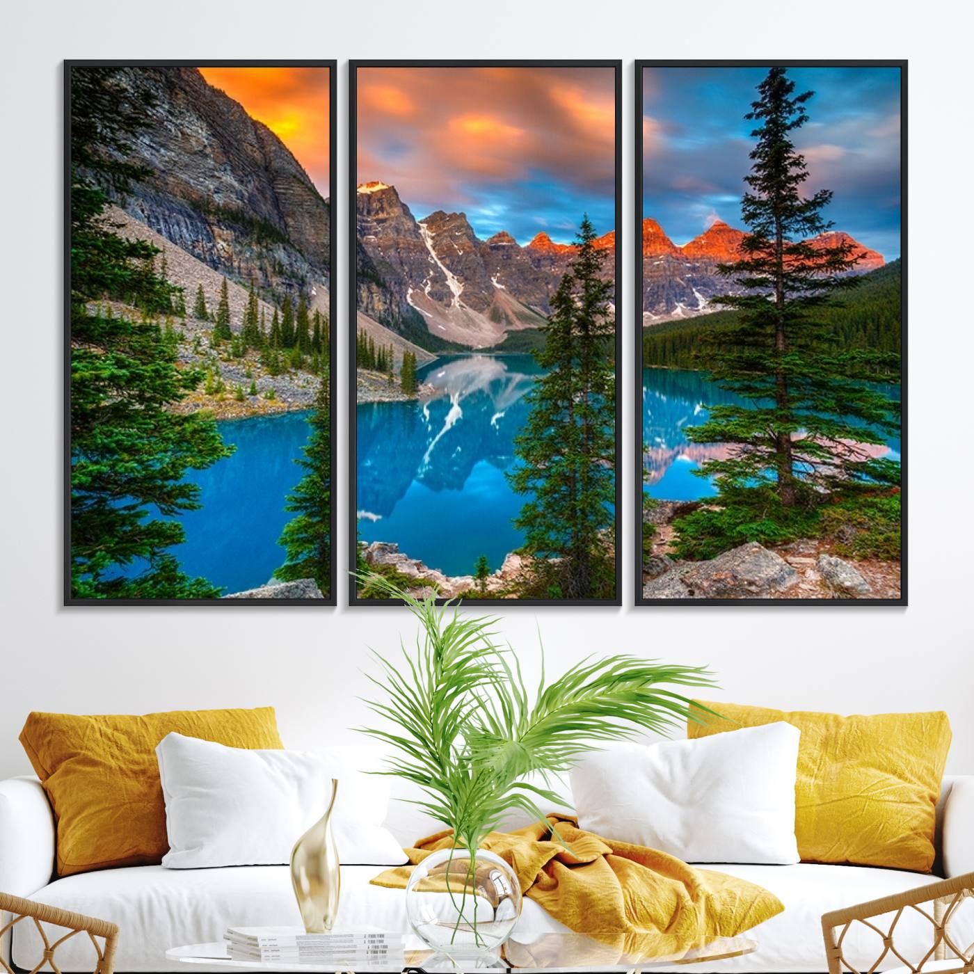 29782-MGV-FC-48X32-3P_Black-Canadian Rockies Moraine Lake Wall Art Canvas Print, Pine Trees Mountain Spring Canvas Print