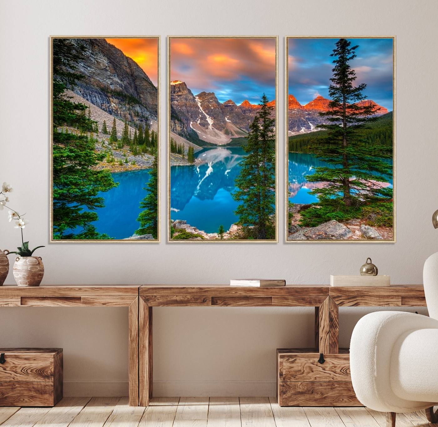29782-MGV-FC-48X32-3P_Natural-Canadian Rockies Moraine Lake Wall Art Canvas Print, Pine Trees Mountain Spring Canvas Print