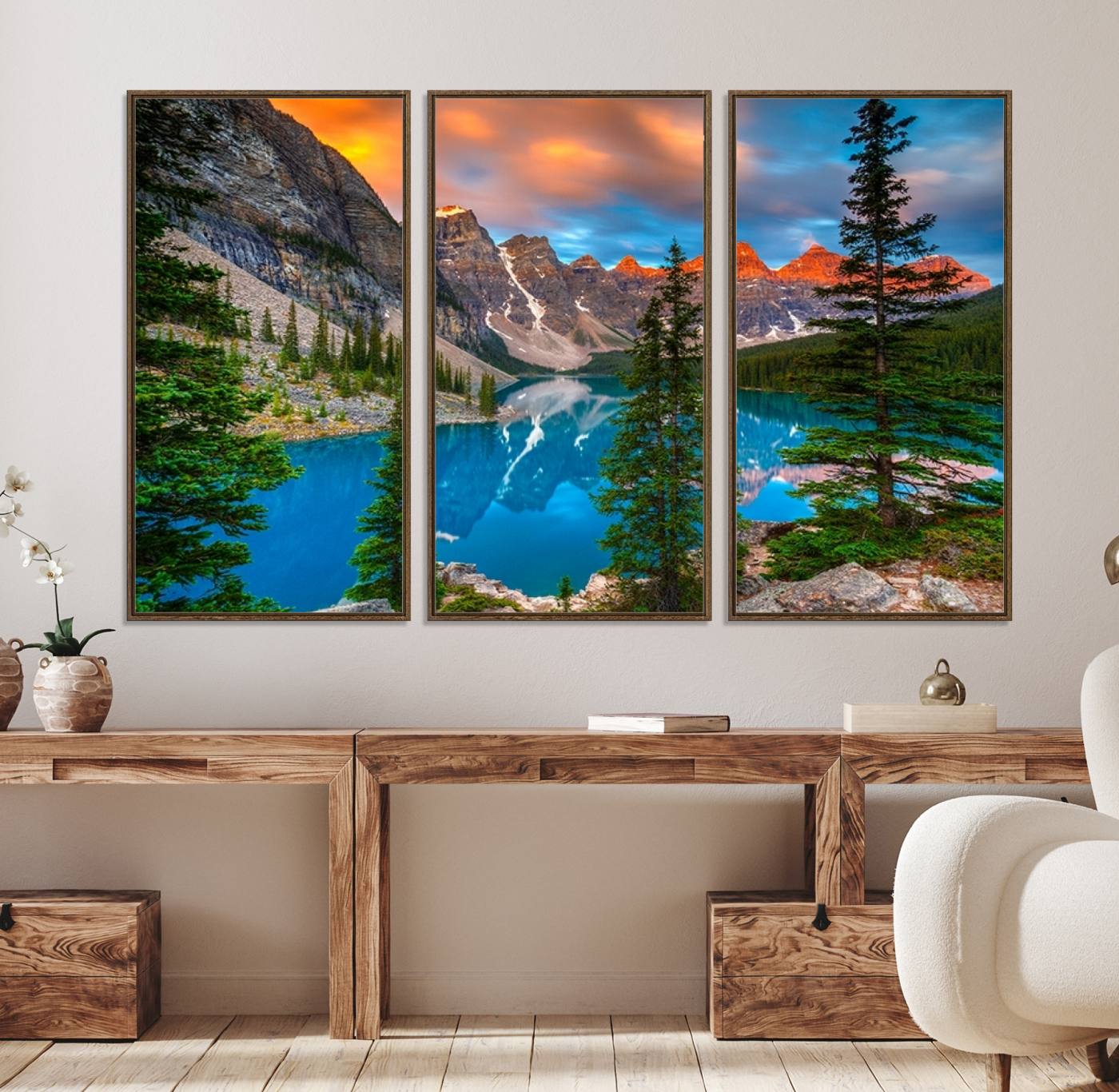 29782-MGV-FC-48X32-3P_Walnut-Canadian Rockies Moraine Lake Wall Art Canvas Print, Pine Trees Mountain Spring Canvas Print