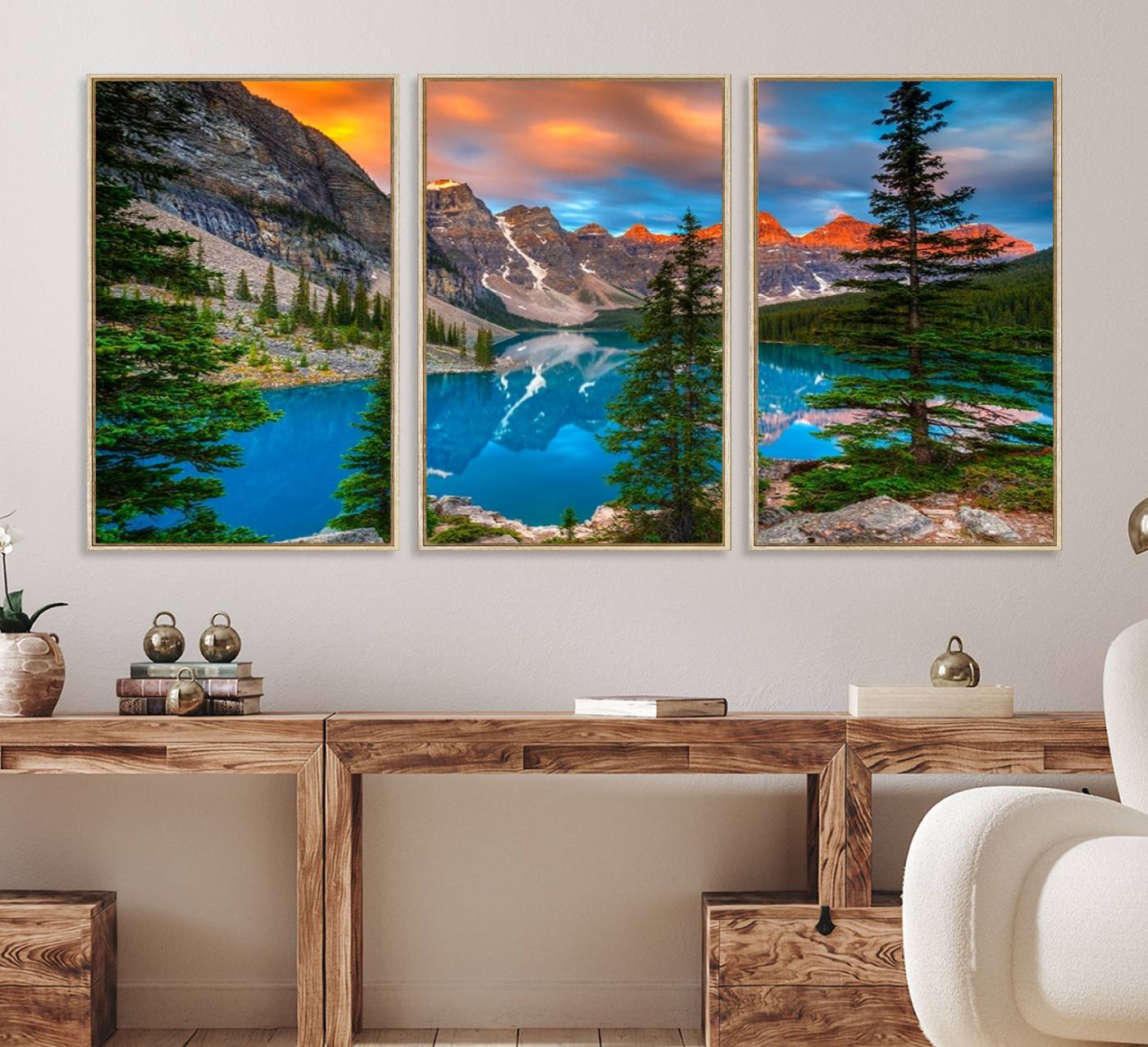 29782-MGV-FC-60X30-3P_Natural-Canadian Rockies Moraine Lake Wall Art Canvas Print, Pine Trees Mountain Spring Canvas Print