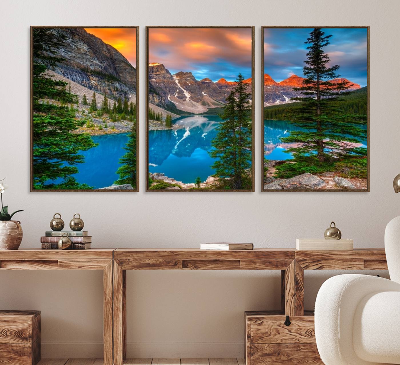 29782-MGV-FC-60X30-3P_Walnut-Canadian Rockies Moraine Lake Wall Art Canvas Print, Pine Trees Mountain Spring Canvas Print