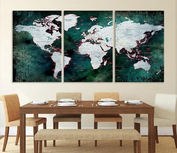 A stylish living room showcases a triptych 'Canvas World Map' on gallery-wrapped, museum-quality canvases decorating the wall.