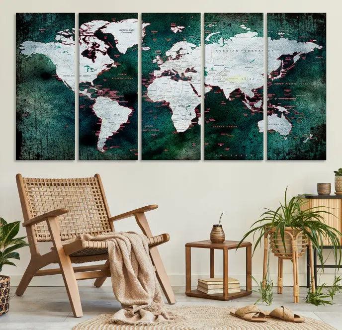 A stylish living room showcases a triptych 'Canvas World Map' on gallery-wrapped, museum-quality canvases decorating the wall.